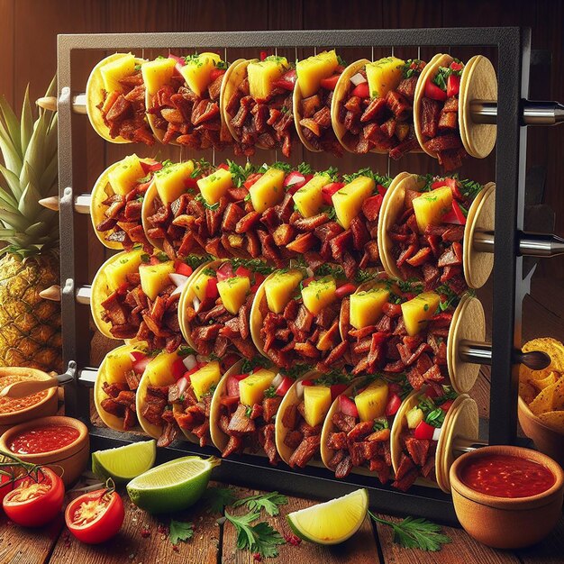 Realistische afbeelding van Tacos Al Pastor op een verticale spit met gemarineerd vlees en ananassnijden