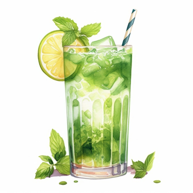 Realistische aquarel illustratie van groene Mojito Cocktail