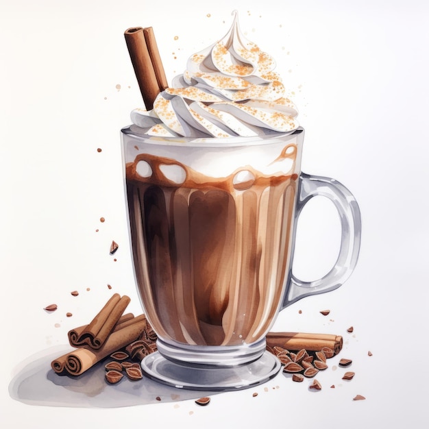 Realistische aquarel illustratie van warme chocolademelk cocktail