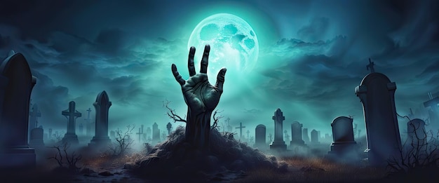 Realistische banner zombie hand stijgt uit een kerkhof's nachts met volle maan