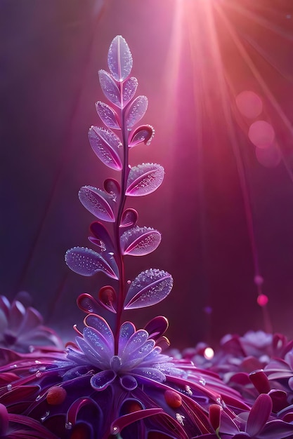 realistische bordeauxrode lila filigraanbloem in regenboogdauw met besneeuwde toppen