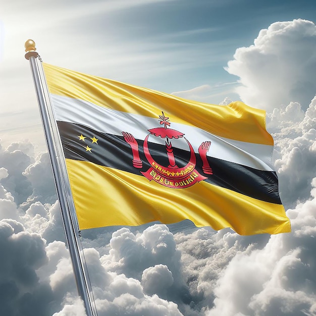 Realistische Brunei-vlag op vlaggenpaal die in de wind zwaait tegen witte wolken