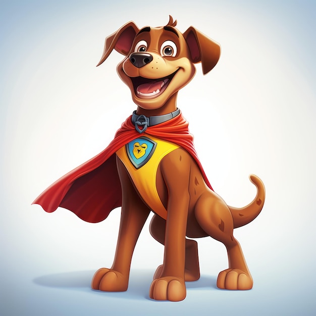 Realistische cartoon hond superheld met cape en glimlach