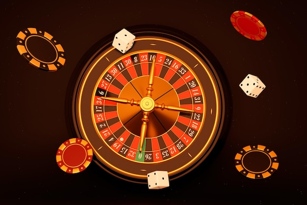 Realistische casino roulette tafelvliegen chips en dobbelstenen spelen Gokken conceptontwerp 3D-rendering