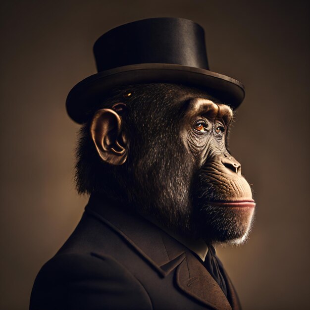 Realistische chimpansee met victoriaanse kleding hoge hoed portret