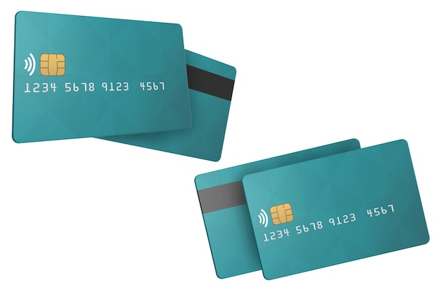 Realistische creditcards sjabloon geïsoleerd. Twee poses van groene creditcards als mockup.