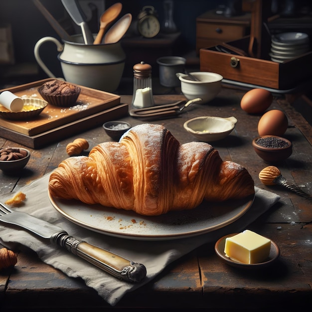 realistische croissant in donkere keuken