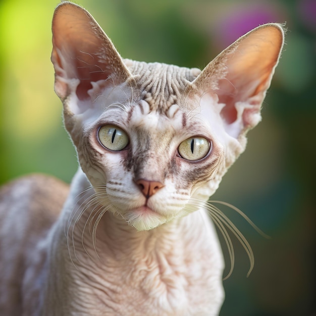 Realistische devon rex-kat op betoverende natuurlijke buitenachtergrond