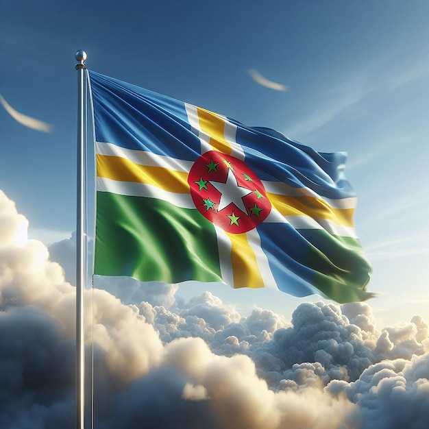 Realistische Dominica vlag op vlaggenpaal die in de wind zwaait tegen witte wolken