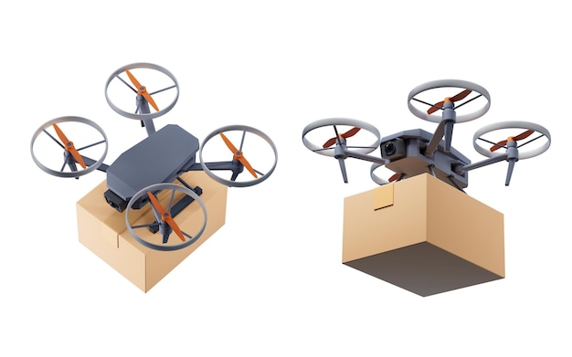 Realistische drone die de doos draagt 3D-weergave