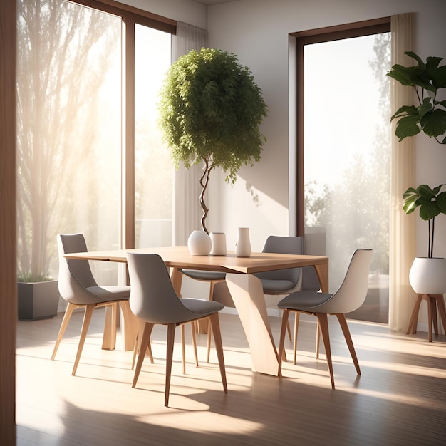 Realistische eettafel met stoelen en een levendige potplant