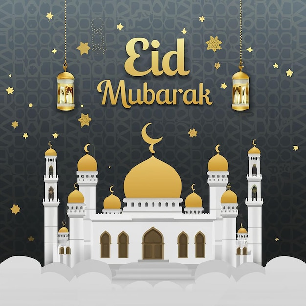 Realistische Eid Mubarak achtergrond met kaarsen en moskee