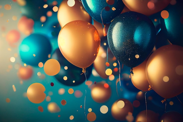 Realistische feestelijke achtergrond met gouden en blauwe ballonnen vallende confetti wazige achtergrond en een bokeh-verlichting Generatieve ai