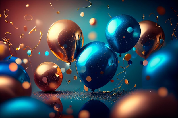 Foto realistische feestelijke achtergrond met gouden en blauwe ballonnen vallende confetti wazige achtergrond en een bokeh-verlichting generatieve ai