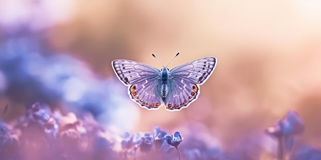 realistische foto plebejus argus kleine vlindervliegen toonden de vleugels met een fantastische wazige achtergrond