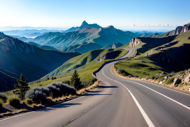 Realistische foto prachtig landschap van bergen blauwe lucht en winderige wegen