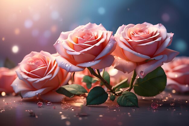 Realistische foto's van rozenbloemen De omgeving toont een tros rozen met dauwgekneusde bloemblaadjes