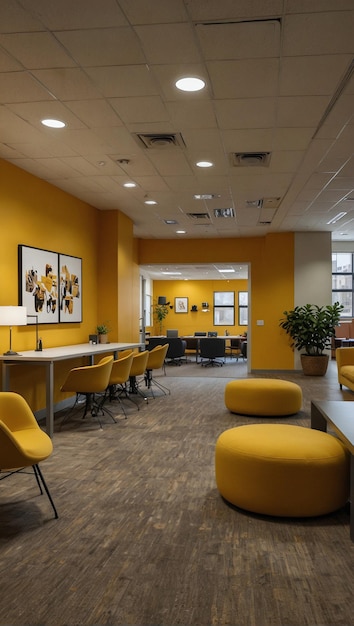 Realistische foto-stijl afbeelding van innovatieve kantoorruimte met warme gele tinten