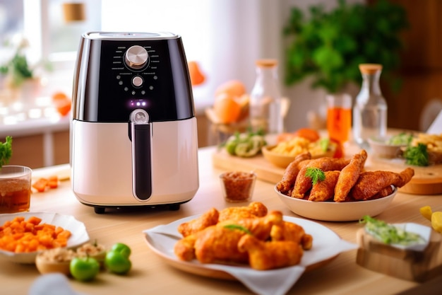 Realistische foto van airfryer op een tafel vol ric