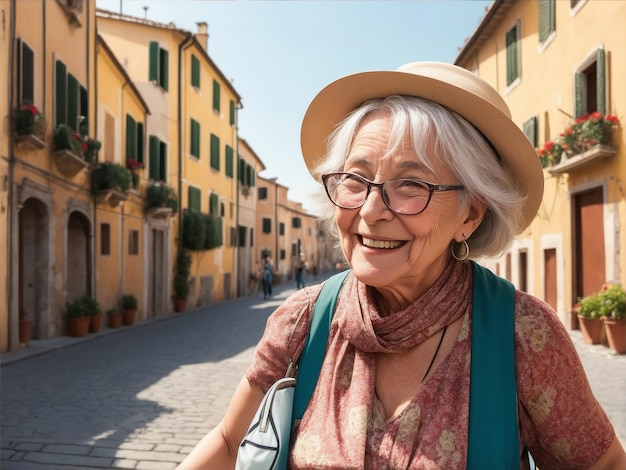 Realistische foto van een gelukkige oudere vrouw in Italië die reist met Generative AI