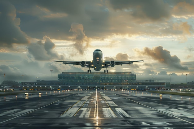 Realistische foto van een luchthaven met een vliegtuig dat bij daglicht opstijgt