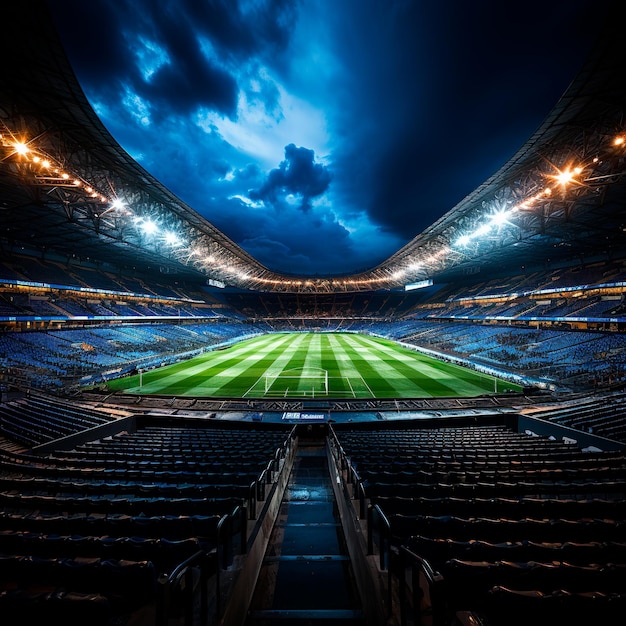 realistische foto van een modern verlicht voetbalstadion