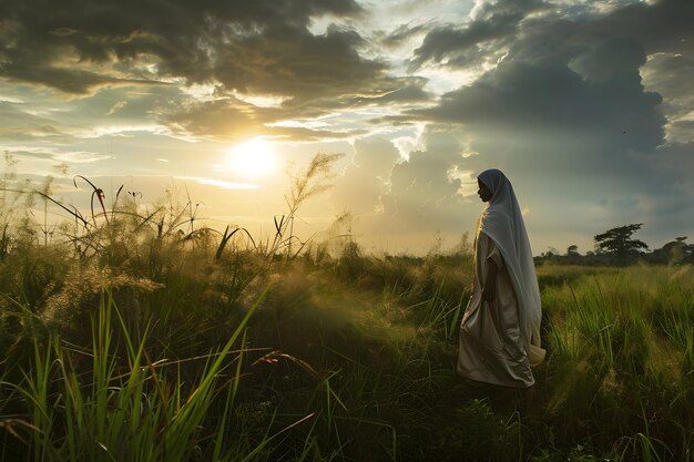 Realistische fotografie van de islamitische muazzin adzan in de groene savanne