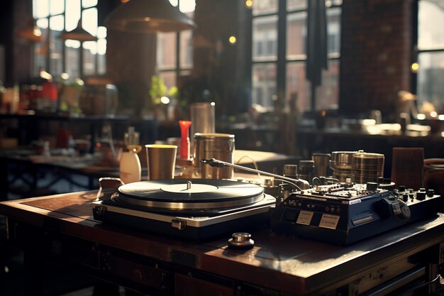 Foto realistische fotografie van een vintage vinylbar in een industriële zolder met draaitafel en muzikale artefacten