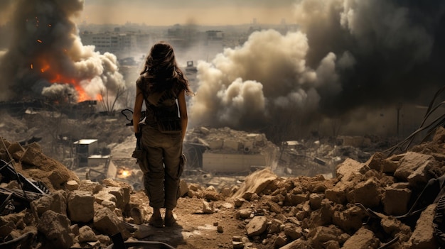 Realistische fotooorlog in de Gazastrook tussen Israël en Palestina, vrouw die naar de stad kijkt