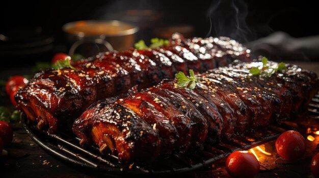 Foto realistische gegrilde barbecue met gesmolten barbecue saus en gesneden groenten zwarte en wazige achtergrond