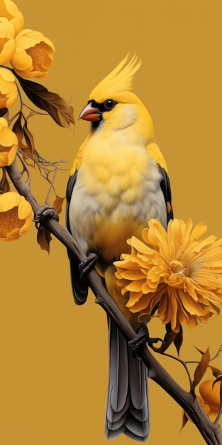 Realistische gele vogel op een bloemtak Hyper gedetailleerde weergaven