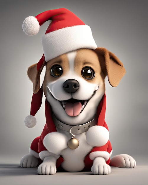 Realistische glimlachende schattige hond weergegeven in 3D met kerstman kostuum