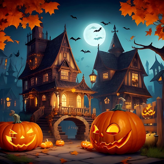 Realistische Halloween achtergrond met een eng huis en pompoenen Leonardo Ai