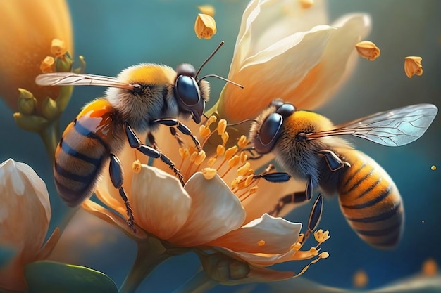 Realistische honingbijen verzamelen stuifmeel op bloemen AI gegenereerd