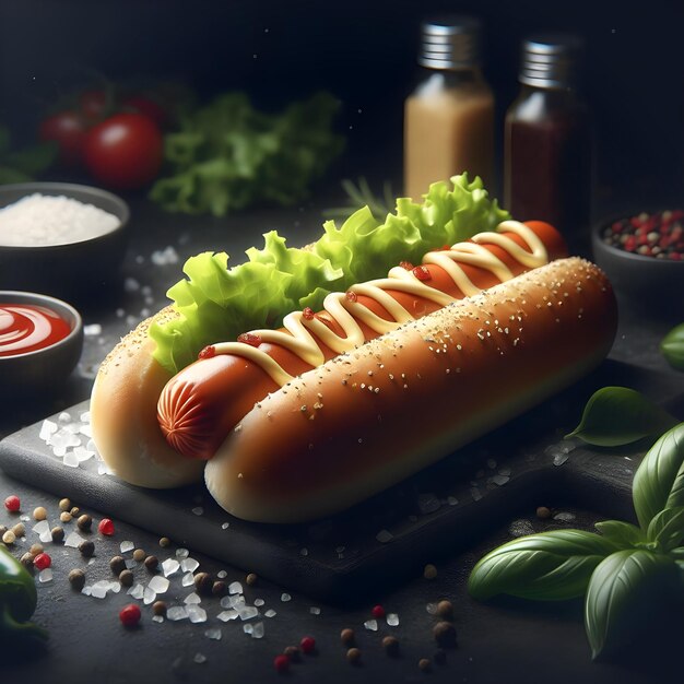 Realistische hotdog in de donkere keuken.