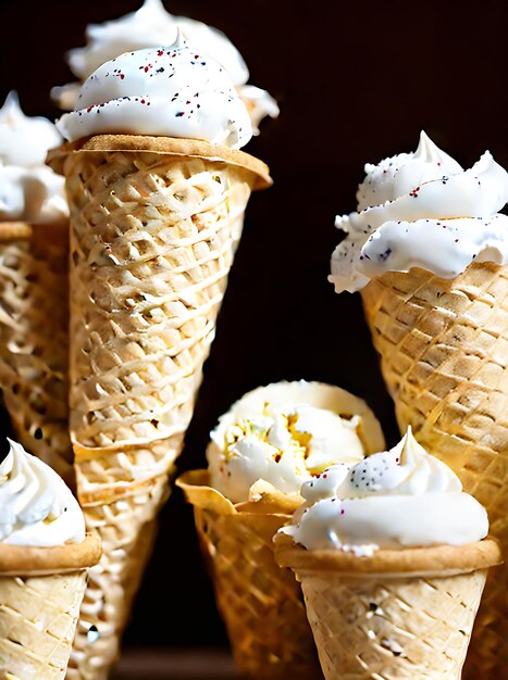 Realistische ijsjes die een gezellige sfeer creëren met warme verlichting en een zeer gedetailleerd neutraal kleurenpalet in een leeg restaurant