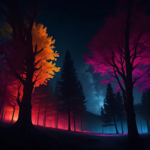 Realistische illustratie met gloeiende kleurrijke bomen en Dark Skyai gegenereerd