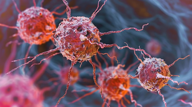 Realistische illustratie van kankercellen in blauwgoud en karmozijnrood