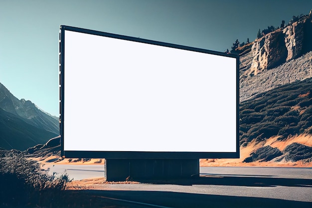 Foto realistische ilustratie blanco wit reclamebord aan de kant van een bergweg generatieve ai