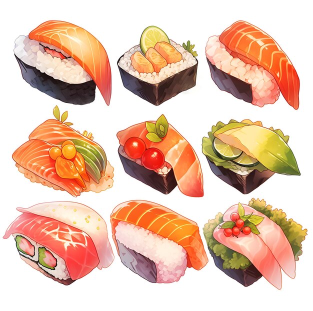 Foto realistische japanse keuken verfijnde sushi illustratie set japanse oosterse keuken zeewier sashimi