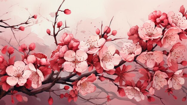 Realistische kersenbloesemtak in het voorjaar met aquarel roze sakura bloem en bladeren achtergrond