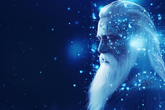 Realistische Kerstman met blauwe neurale verbindingspunten lijnen en gloeiende punten Generatieve Ai