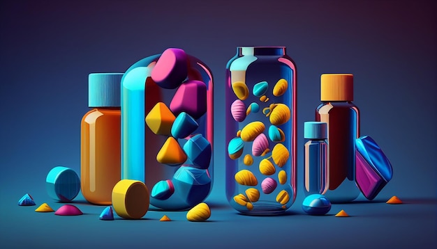 Realistische kleurrijke medische capsules en pillen met een blauwe achtergrond Generatieve AI