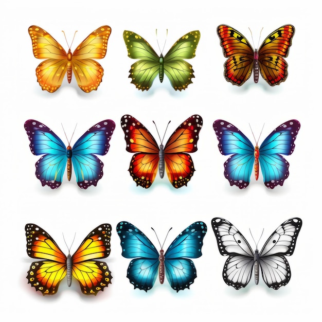 Realistische kleurrijke vlinderillustraties op witte achtergrond
