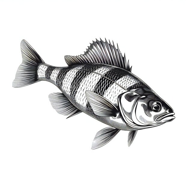 realistische met de hand getekende zwarte witte vis illustratie
