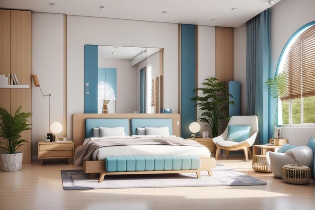 Foto realistische moderne dubbele slaapkamer met meubels en een frame