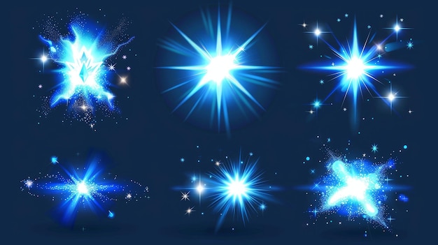 Realistische moderne illustratie set van magische energie schittering met stralen en vonken blauwe explosie gloed en stof rond met transparant effect Ster burst met straling