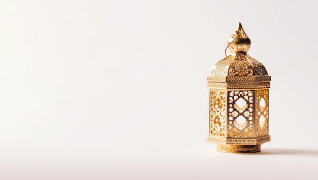 Realistische moderne islamitische feestdagbanner voor eid al adha eid al fitr witte achtergrond Gouden lantaarndecoratie met ruimte voor tekst generatieve ai illustratie