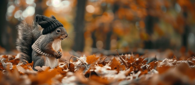 Foto realistische modieuze eekhoorn in een zwarte gebreide pet en blouse herfst kopie ruimte