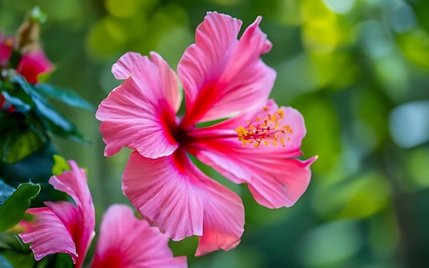 Foto realistische mooie hibiscus bloem exotische tropische plant heldere en zachte rode bloemen